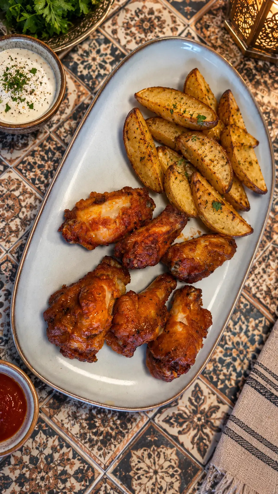 Grillade kycklingvingar med rostad potatis och sås