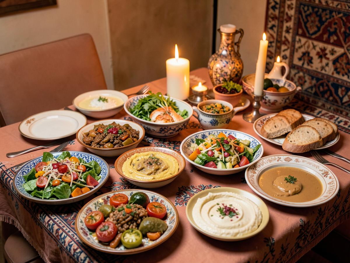 Uppdukat festbord med marockanska mezerätter