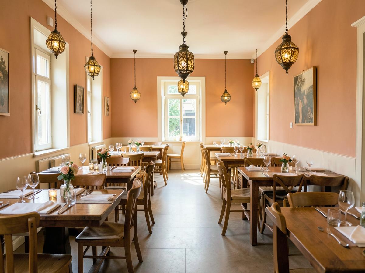 Restauranglokal med dukade bord och marockanska lyktor
